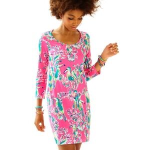 Lilly Pulitzer Pink Toucan Tropical Print Long Sleeve Shift Dress Womens sz XS